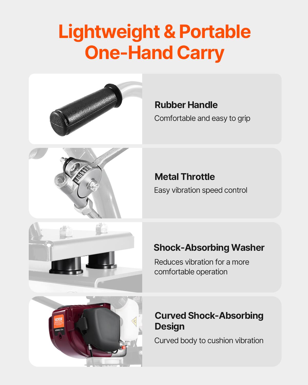 Lightweight & Portable One-Hand Carry

Rubber Handle
Comfortable and easy to grip

Metal Throttle
Easy vibration speed control

Shock-Absorbing Washer
Reduces vibration for a more comfortable operation

Curved Shock-Absorbing Design
Curved body to cushion vibration