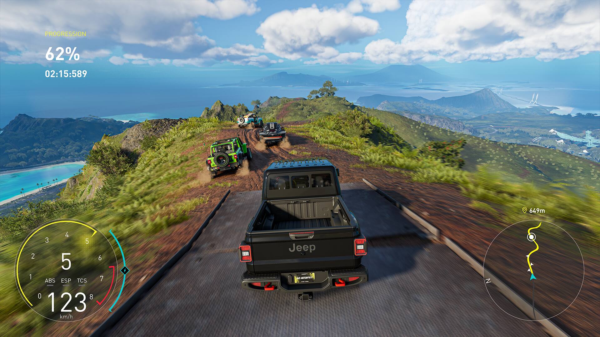 PROGRESSION 62% 02:15:589 649m 2 1 4 3 5 6 5 ABS ESP TCS 7 O 8 123 km/h k | |  AO Jeep - I MEU I -  2 13