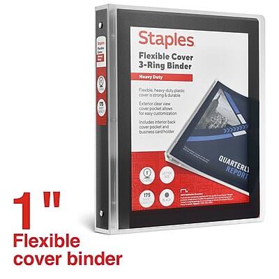 Staples Flexible Cover 3-Ring Binder  
Heavy Duty  

Flexible, heavy-duty plastic cover is strong & durable  
Exterior clear view cover pocket allows for easy customization  
Includes interior back cover pocket and business card holder  

1" Flexible cover binder  

175 QUARTERLY REPORT