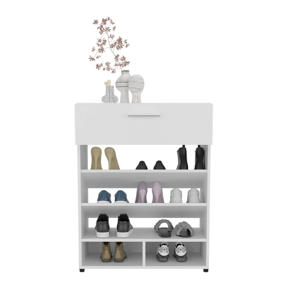 Left. Loheer - Loheer White 3-Tier Shoe Rack with Top Drawer MDF Wood - White.