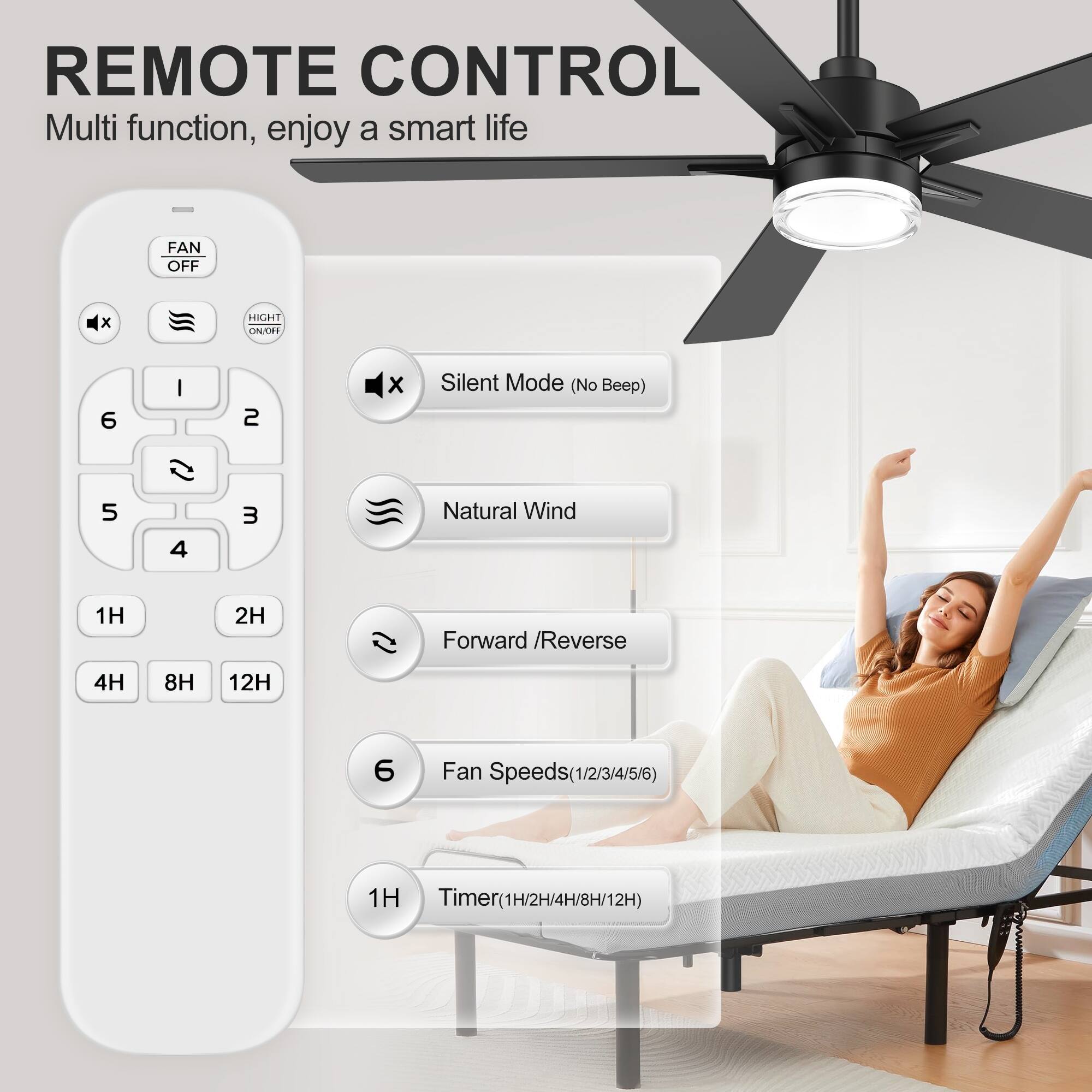 REMOTE CONTROL  
Multi function, enjoy a smart life  

- FAN OFF  
- HIGHT ON/OFF  
- Silent Mode (No Beep)  
- Natural Wind  
- Forward / Reverse  
- Fan Speeds (1/2/3/4/5/6)  
- Timer (1H/2H/4H/8H/12H)  

1H  
2H  
4H  
8H  
12H