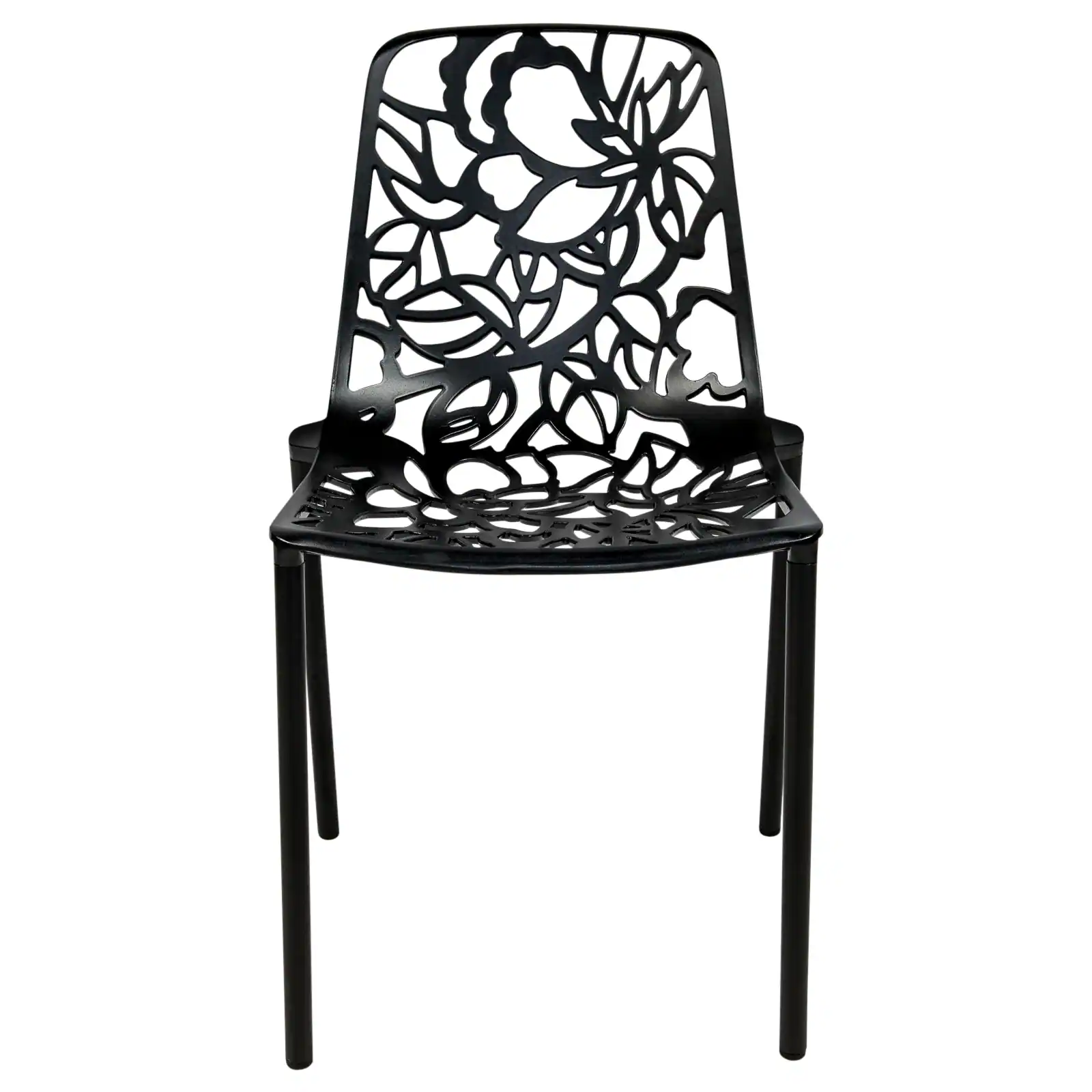 Alt View 3. LeisureMod - Devon (Set of 2) Aluminum Outdoor Dining Chair, UV Resistant & Stackable Floral Design Accent Chair - Fully Assembled - Black.