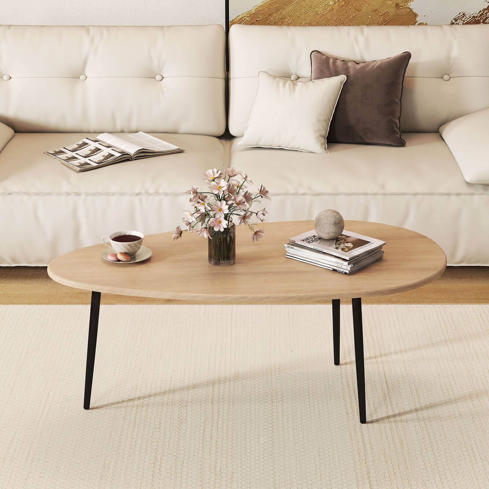 Alt View 3. Costway - Costway Oval Coffee Table with Sturdy Metal Construction & Compact Design, Retro Sofa Table - Natural.