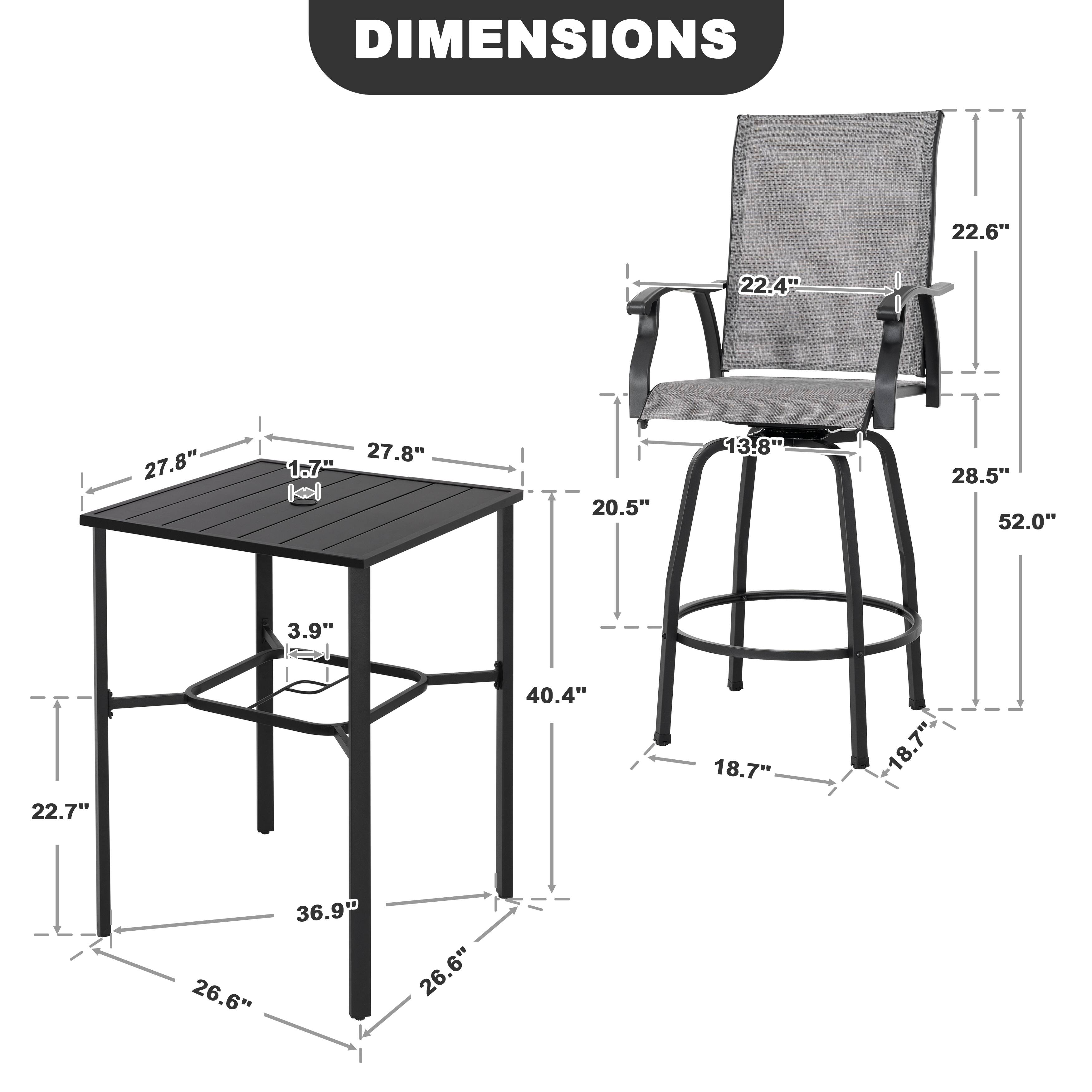 DIMENSIONS

- 22.6"
- 22.4"
- 27.8" x 27.8"
- 1.7"
- 20.5"
- 13.8"
- 28.5"
- 52.0"
- 3.9"
- 22.7"
- 40.4"
- 18.7" x 18.7"
- 26.6" x 26.6"
- 36.9"