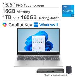 HP - 15.6" FHD TouchScreen Copilot Laptop,Intel Core i5 1334U,16GB RAM,1TB SSD+160GB Dock Station,Wi-Fi 6,Win 11 - Silver