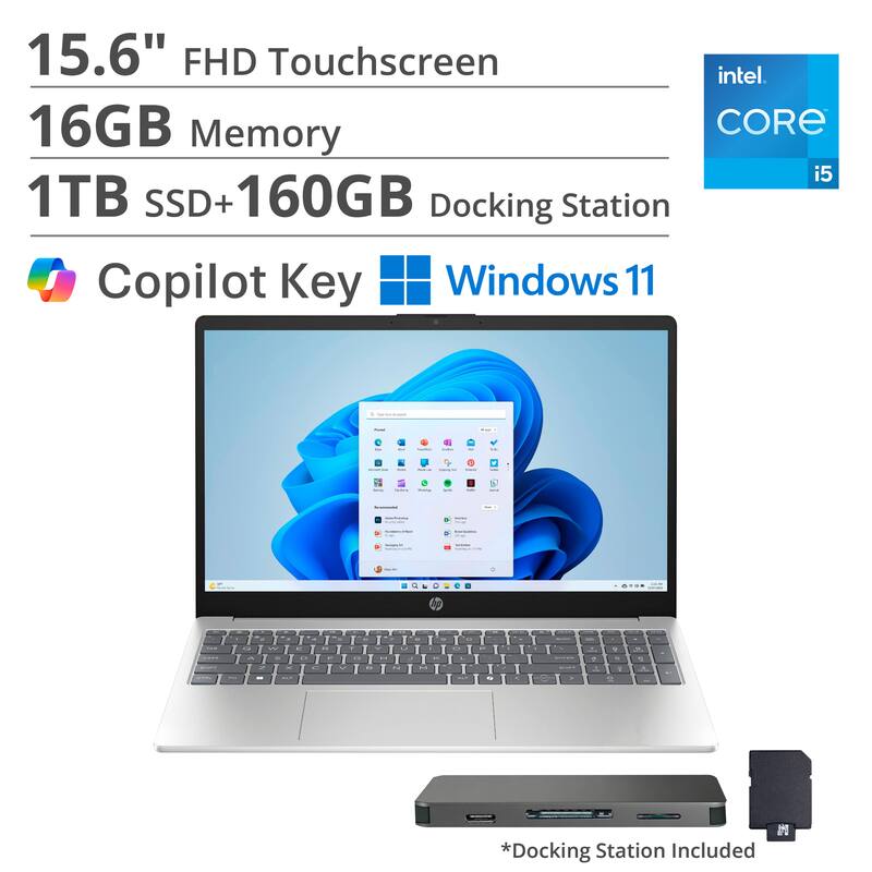 15.6" FHD Touchscreen  
16GB Memory  
1TB SSD + 160GB  
Intel Core i5  
Copilot Key  
Windows 11  
Docking Station Included