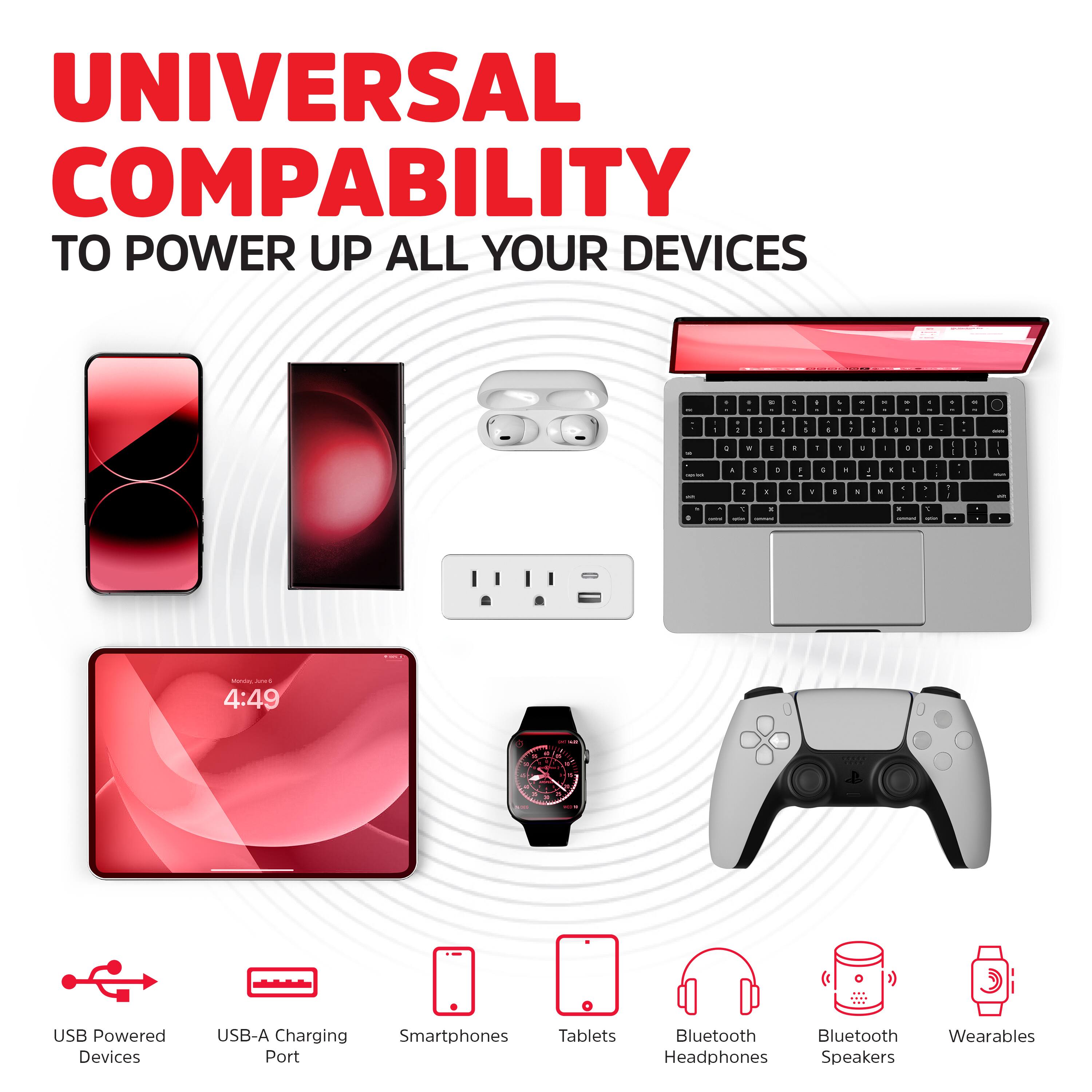 UNIVERSAL COMPATIBILITY  
TO POWER UP ALL YOUR DEVICES

USB Powered Devices  
USB-A Charging Port  
Smartphones  
Tablets  
Bluetooth Headphones  
Bluetooth Speakers  
Wearables