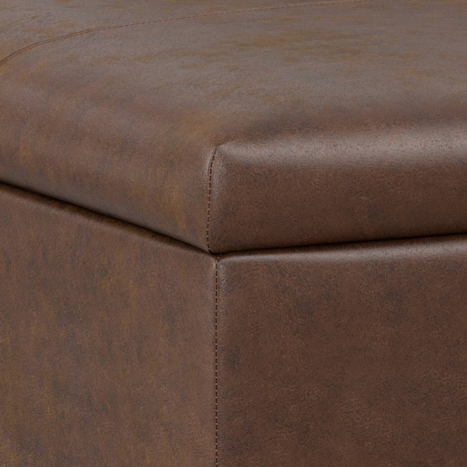 Alt View 8. Simpli Home - Gabbie 36 inch Wide Square Coffee Table Storage Ottoman in Distressed Chestnut Brown Vegan Leather - Distressed Chestnut Brown.