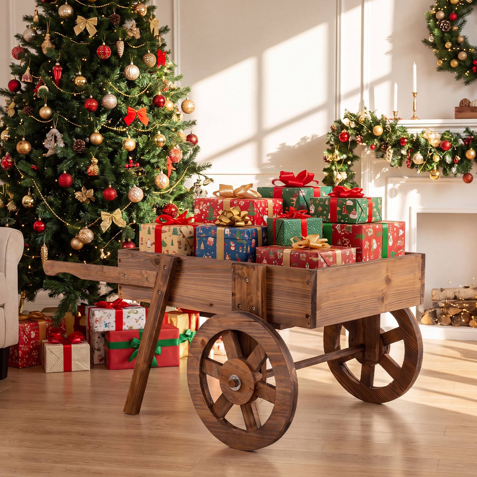 Alt View 4. Costway - Costway Wooden Wagon Planter with Wheels, Carbonized Fir Wood Frame, Handle for Patio - Rustic Brown.