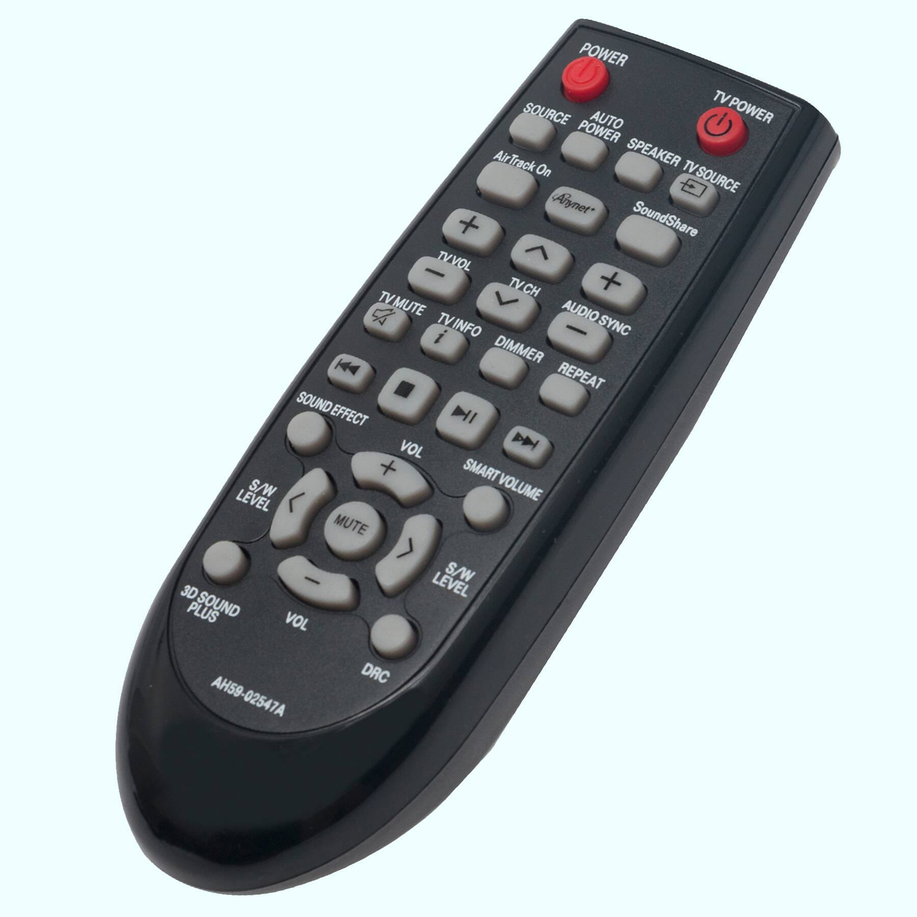 POWER  
TV POWER  
SOURCE  
AUTO POWER  
SPEAKER  
TV SOURCE  
AirTrack On  
Anynet+  
SoundShare  

TV VOL  
TV CH  
TV INFO  
DIMMER  
REPEAT  
AUDIO SYNC  

SOUND EFFECT  
VOL  
SMART VOLUME  
S/W LEVEL  
MUTE  
S/W LEVEL  
3D SOUND PLUS  
VOL  
DRC  

AH59-02547A