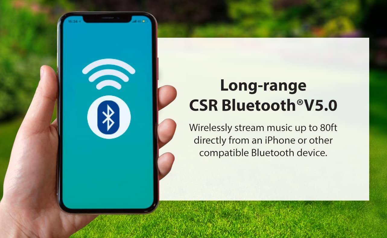 Long-range CSR Bluetooth® V5.0

Wirelessly stream music up to 80ft directly from an iPhone or other compatible Bluetooth device.