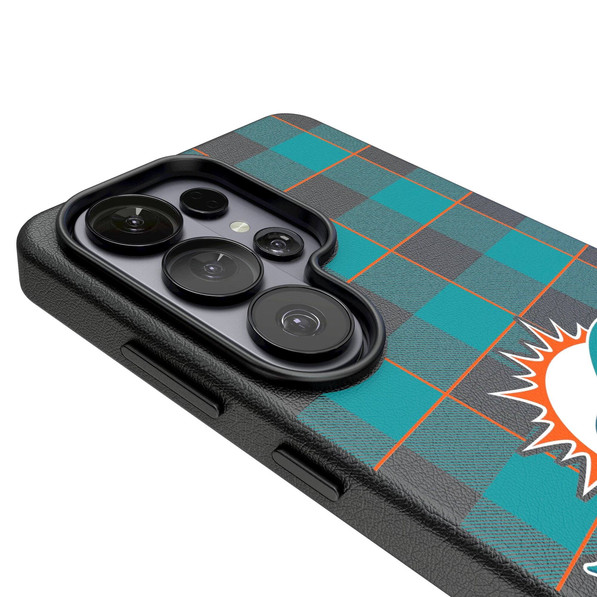 Alt View 2. Keyscaper - Miami Dolphins Plaid Galaxy Magnetic Bump Case - S26 - Black.