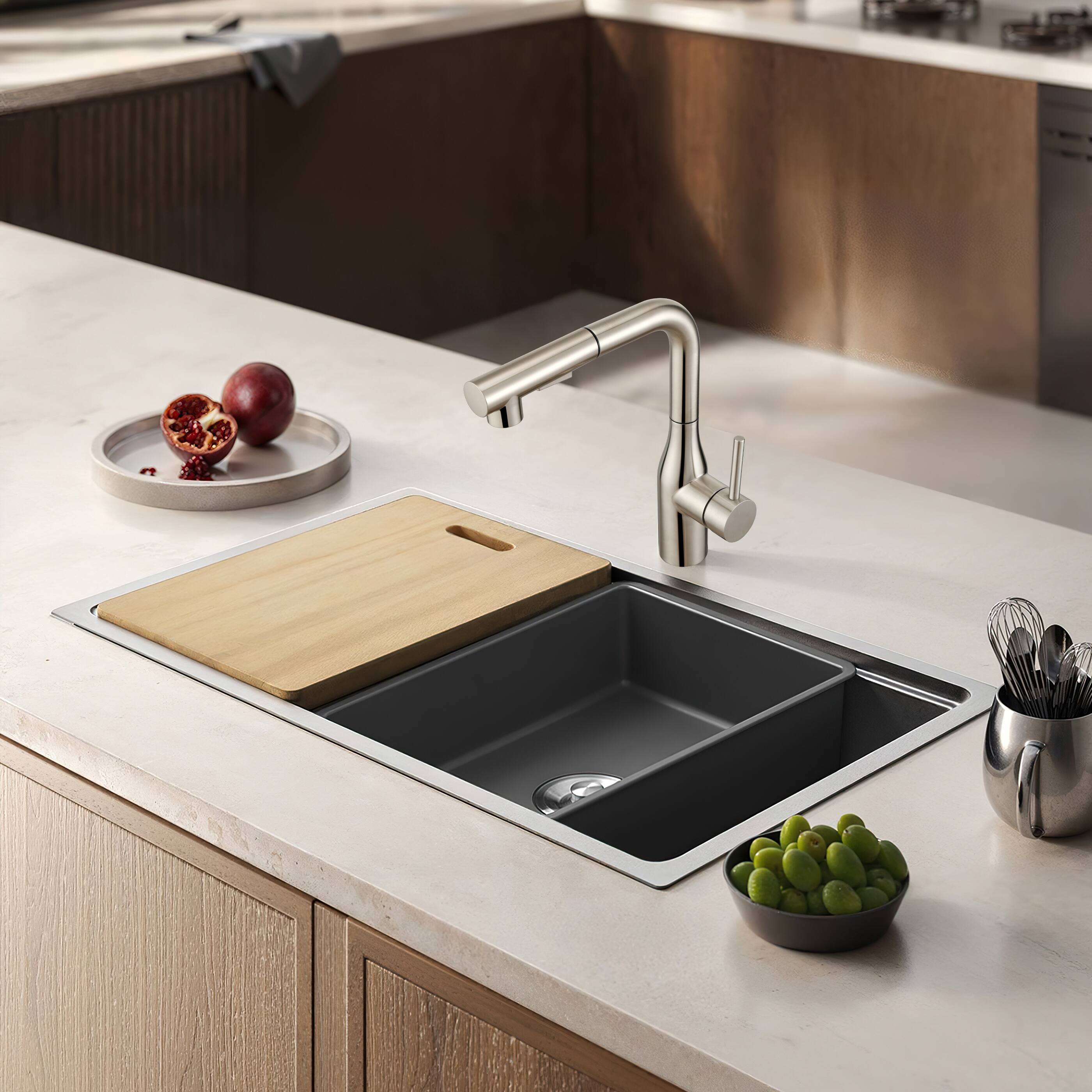 Angle. Bothwa Home - Fountain 11.9 - Inch Kitchen Faucet - Brushed Nickel.