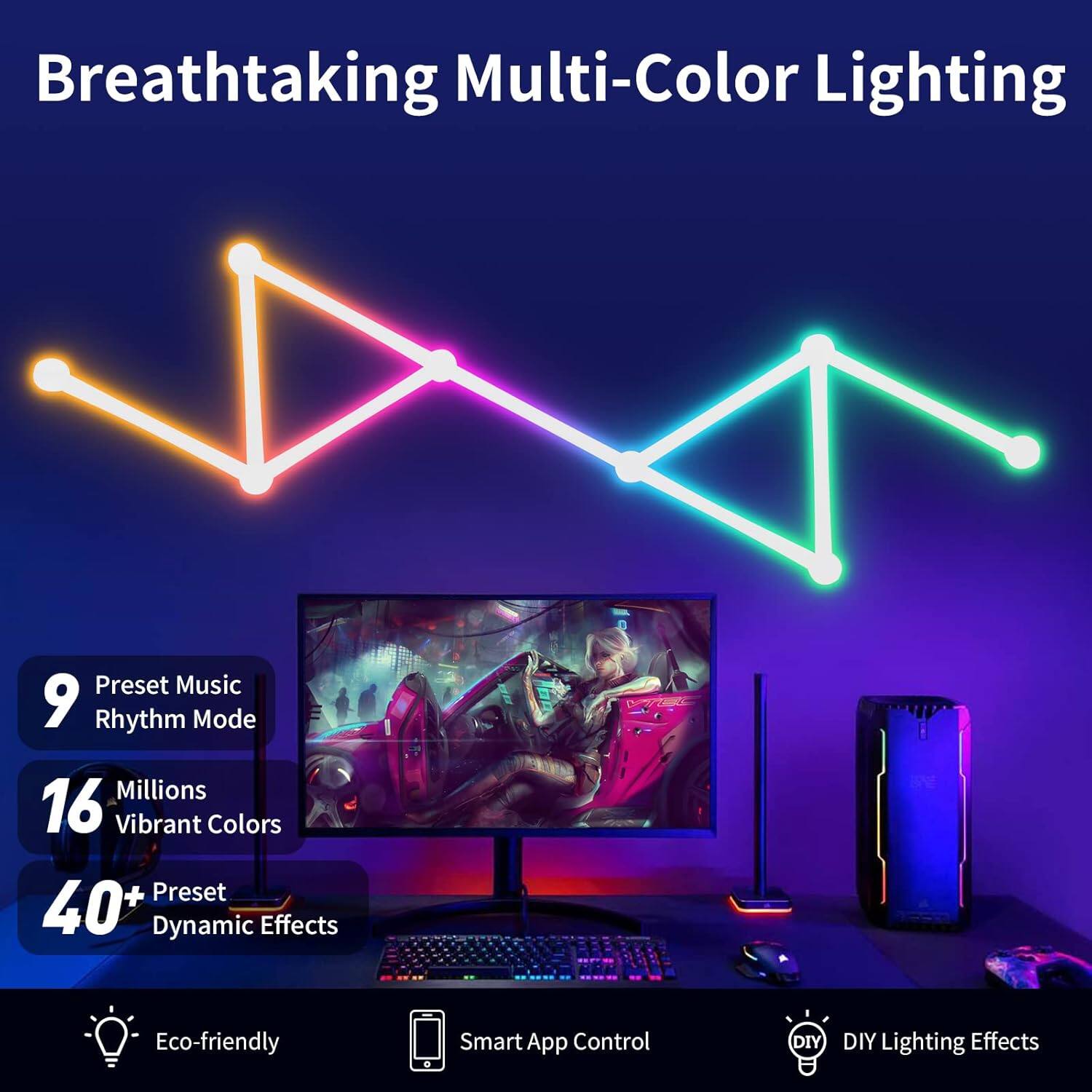 Schertz - Smart WiFi RGB LED Wall Light Lines 16M+, Dimmable Color-Changing LED Bars with Music Sync, Gaming Room & Bedroom Wall D