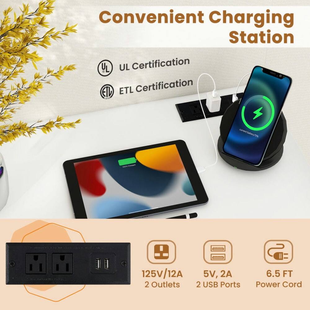 Convenient Charging Station

- UL Certification
- ETL Certification

125V/12A
- 2 Outlets
- 5V, 2A
- 2 USB Ports
- 6.5 FT Power Cord