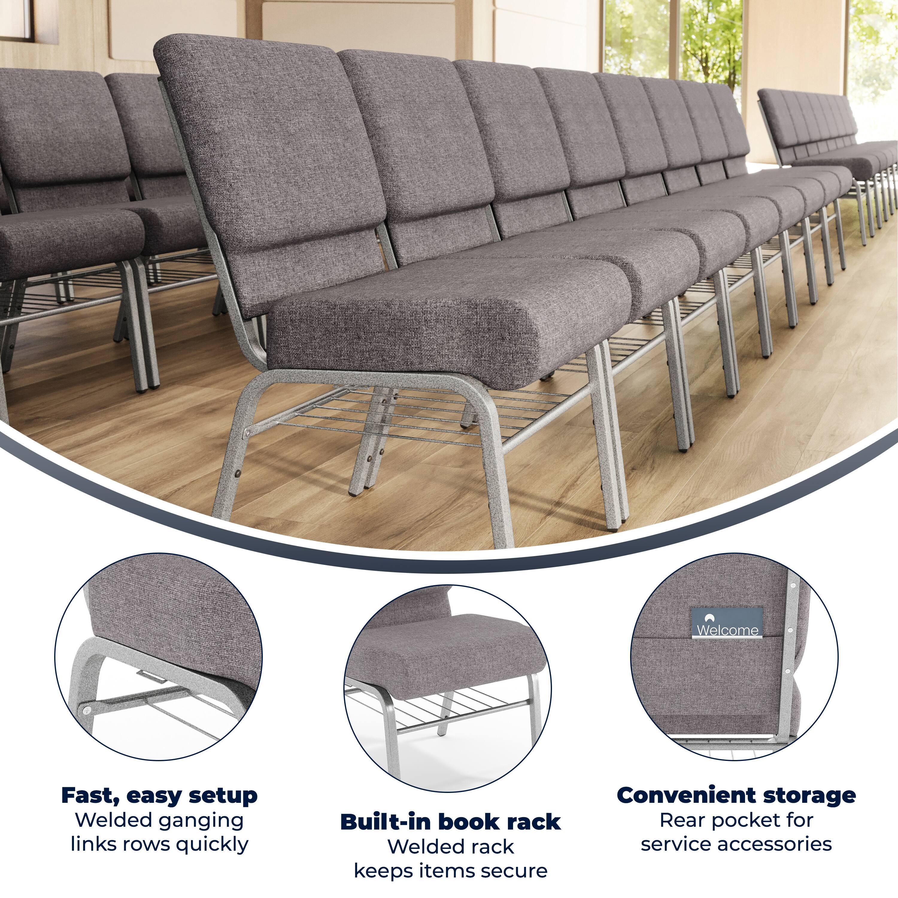 Welcome

Fast, easy setup
Welded ganging links rows quickly

Built-in book rack
Welded rack keeps items secure

Convenient storage
Rear pocket for service accessories