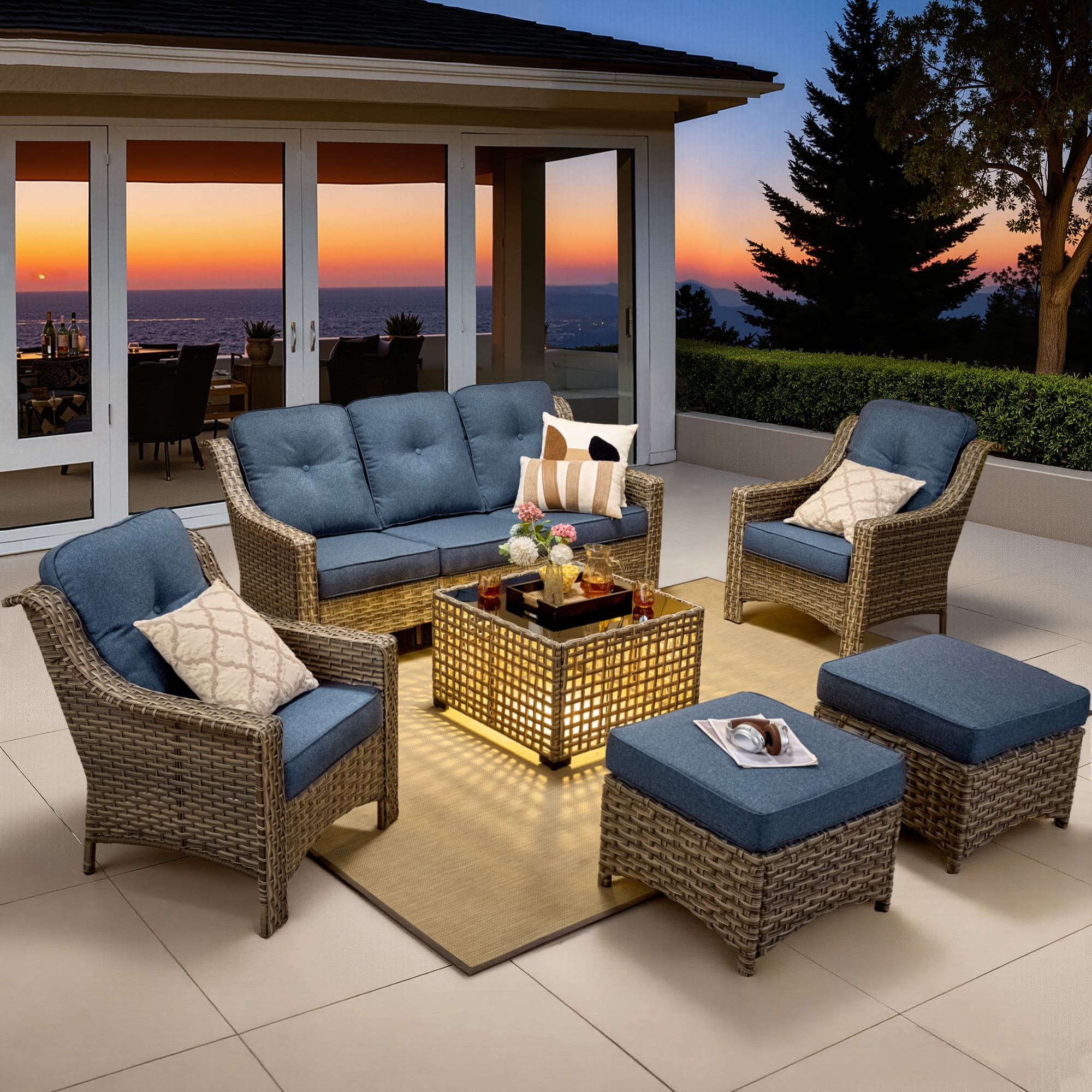 Ovios - 6 PCS Outdoor Patio Furniture Set 3 Seat Sofa Rattan Armchairs with Ottomans & Coffee Table - Denim Blue