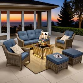 Ovios - 6 PCS Outdoor Patio Furniture Set 3 Seat Sofa Rattan Armchairs with Ottomans & Coffee Table - Denim Blue