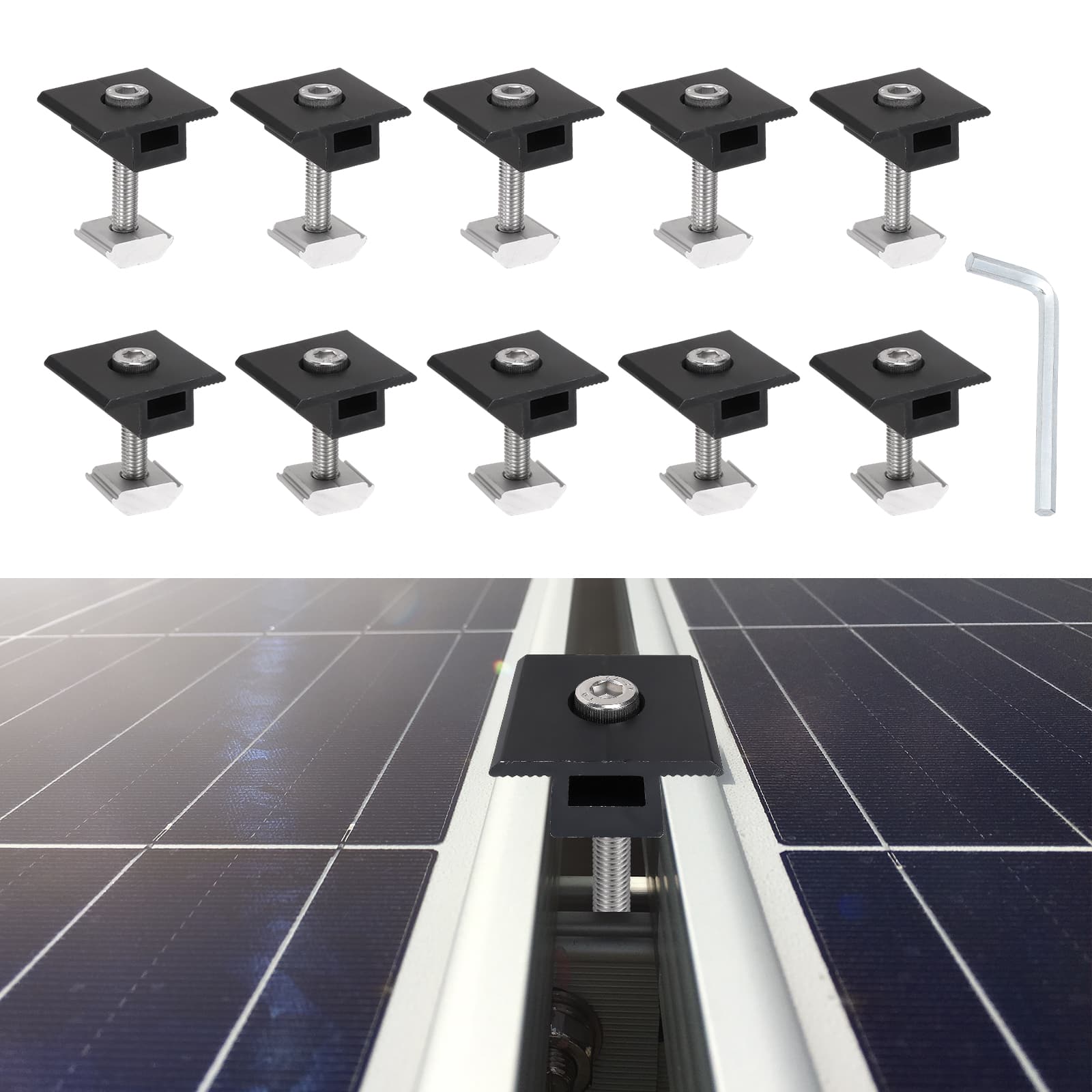 Unique Bargains - Solar Panel Mounting Set, 5 Mid (30mm) & 5 Mid (35mm) Clamps for Metal/RV Roof, w/ Wrench - Black price history on PriceWatchPro