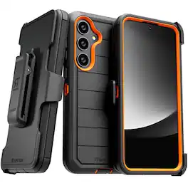 RomeTech - Defender Case for Samsung Galaxy S25 Plus with Belt Clip, Kickstand, Dual-Layer, Black/Orange - Black / Orange