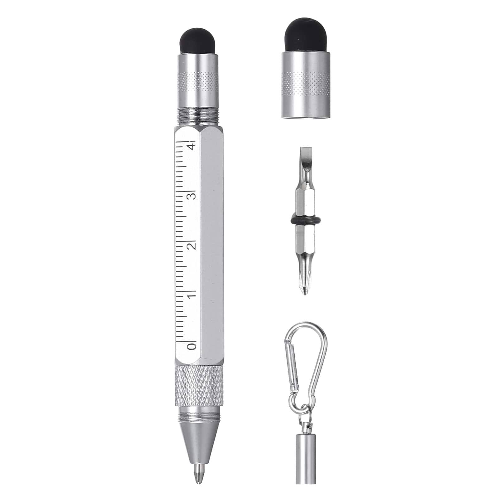 Unique Bargains - 6-in-1 Aluminum Alloy Stylus Pen with Ballpoint, Ruler, Screwdriver & Keychain for Men/Women - Silver