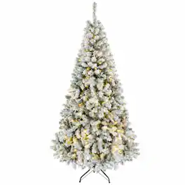 RYHNUYNE - 7.5FT Pre-Lit Flocked Fraser Fir Christmas Tree With LED Lights and Hinged Branches, Foldable Metal Base - Green