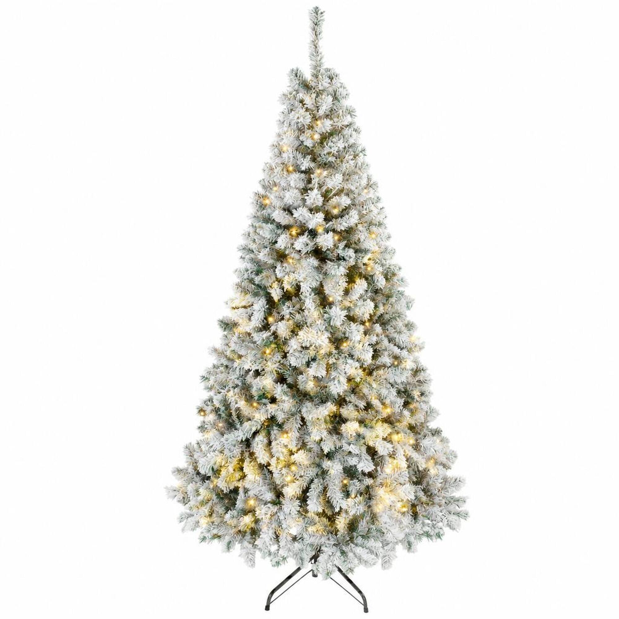 Front. RYHNUYNE - 7.5FT Pre-Lit Flocked Fraser Fir Christmas Tree With LED Lights and Hinged Branches, Foldable Metal Base - Green.