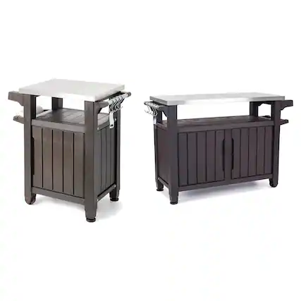 Front. Keter - Keter Unity 40 Gallon and Unity XL Rolling Bar Cart with Storage Cabinet, Brown - Dark Brown.