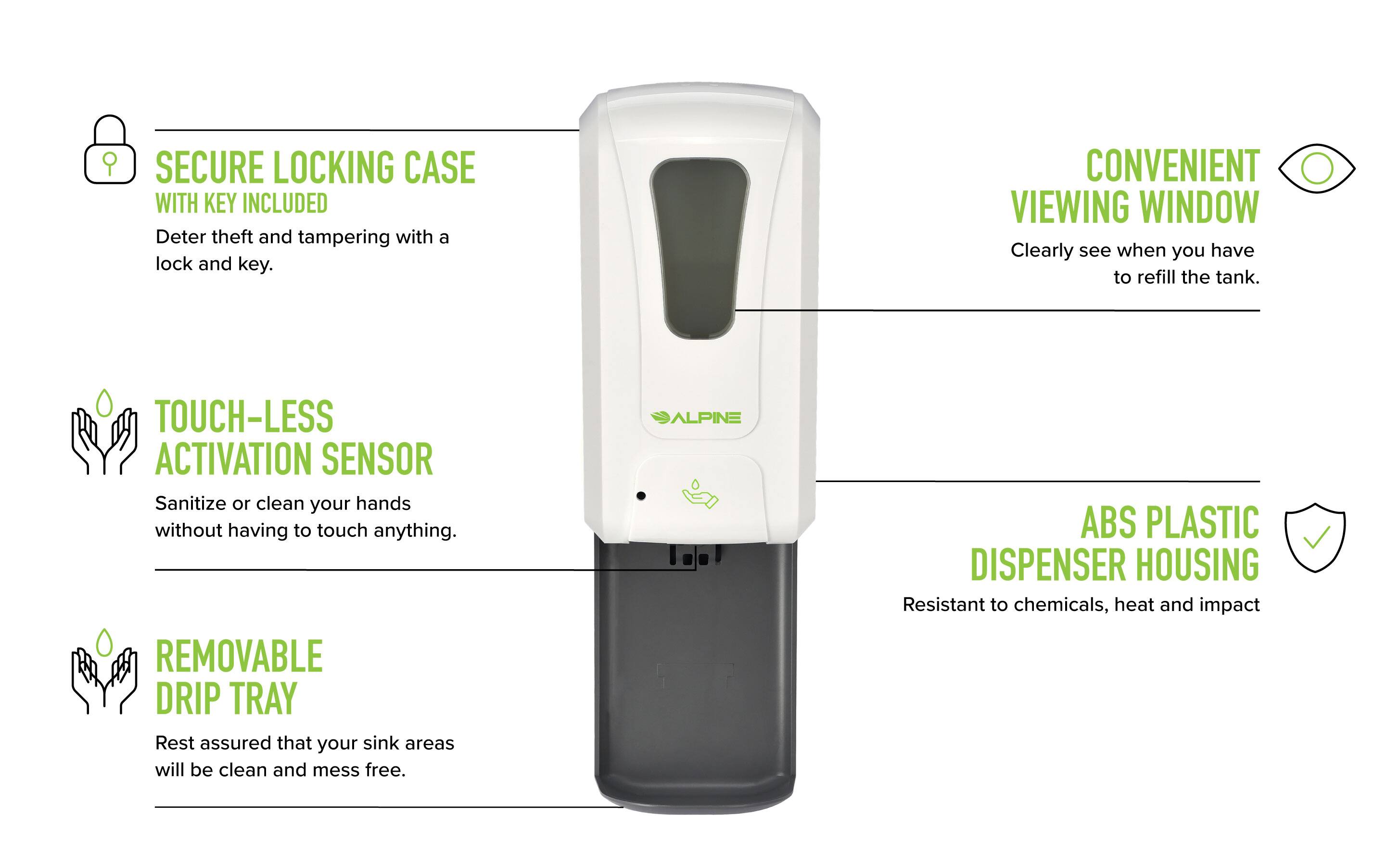 SECURE LOCKING CASE WITH KEY INCLUDED
CONVENIENT VIEWING WINDOW
TOUCH-LESS ACTIVATION SENSOR
REMOVABLE DRIP TRAY
ALPINE ABS PLASTIC DISPENSER HOUSING