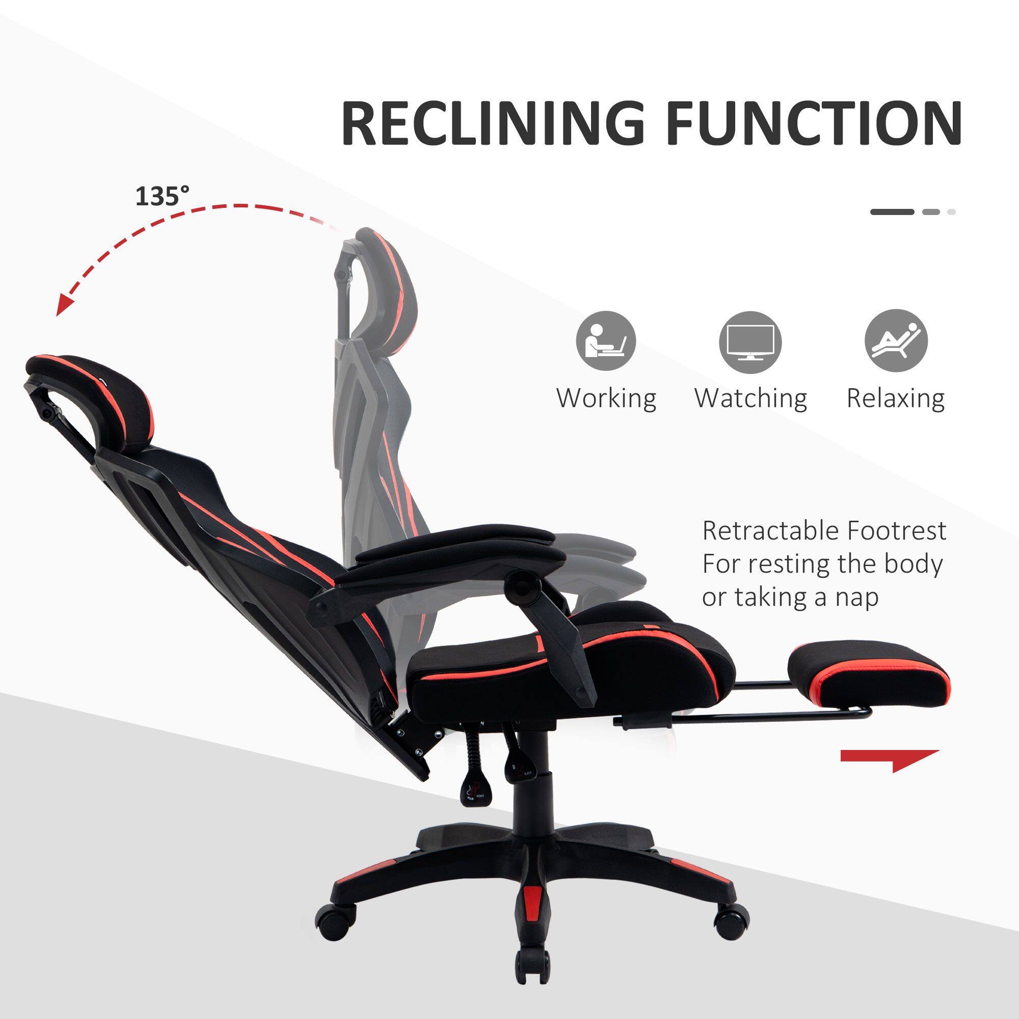 RECLINING FUNCTION

135°

Working  
Watching  
Relaxing

Retractable Footrest  
For resting the body or taking a nap