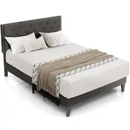 Costway - Full Bed Frame Upholstered Platform Bed with Tufted Headboard Mattress Foundation - Gray