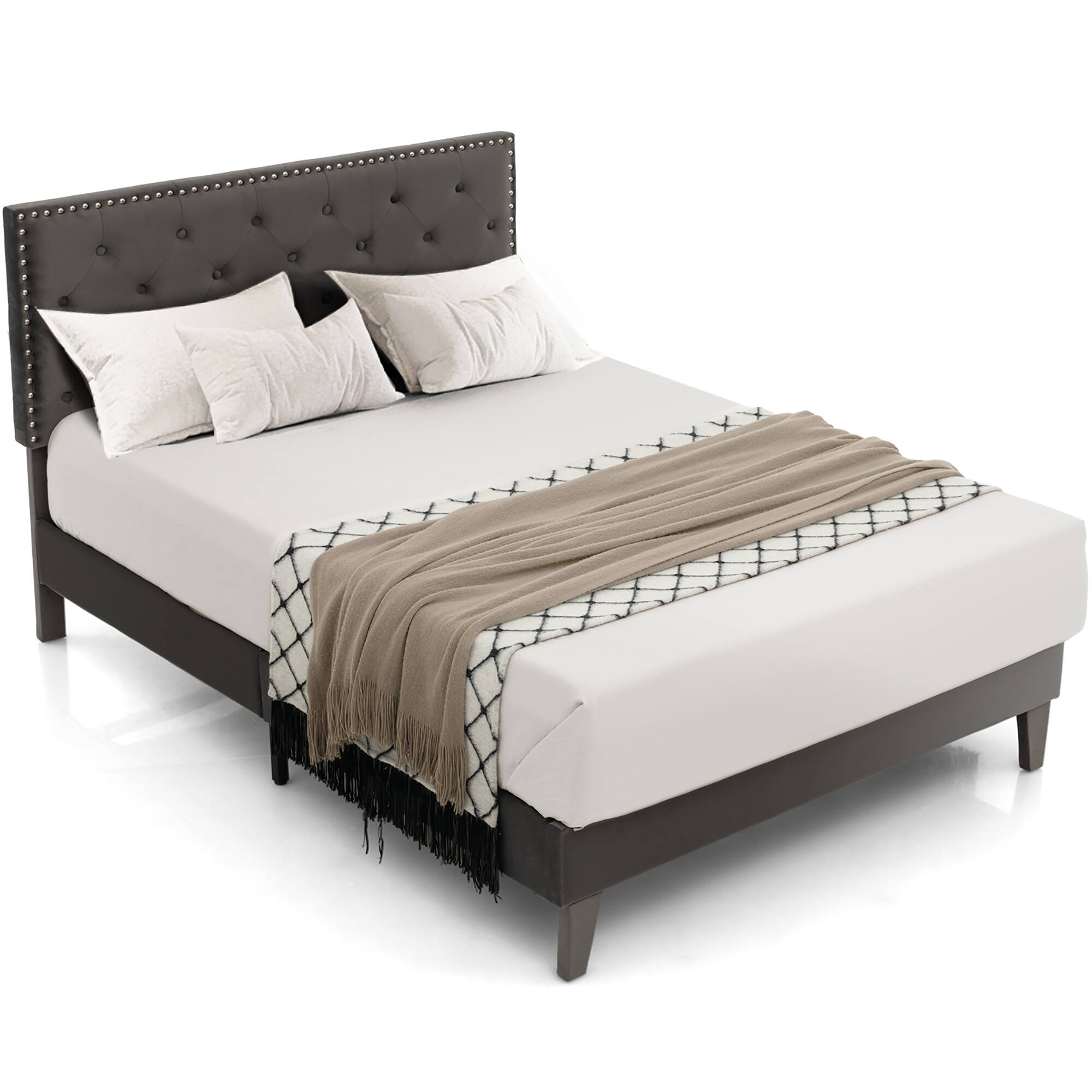 Front. Costway - Costway Full Bed Frame Upholstered Platform Bed with Tufted Headboard Mattress Foundation - Grey.
