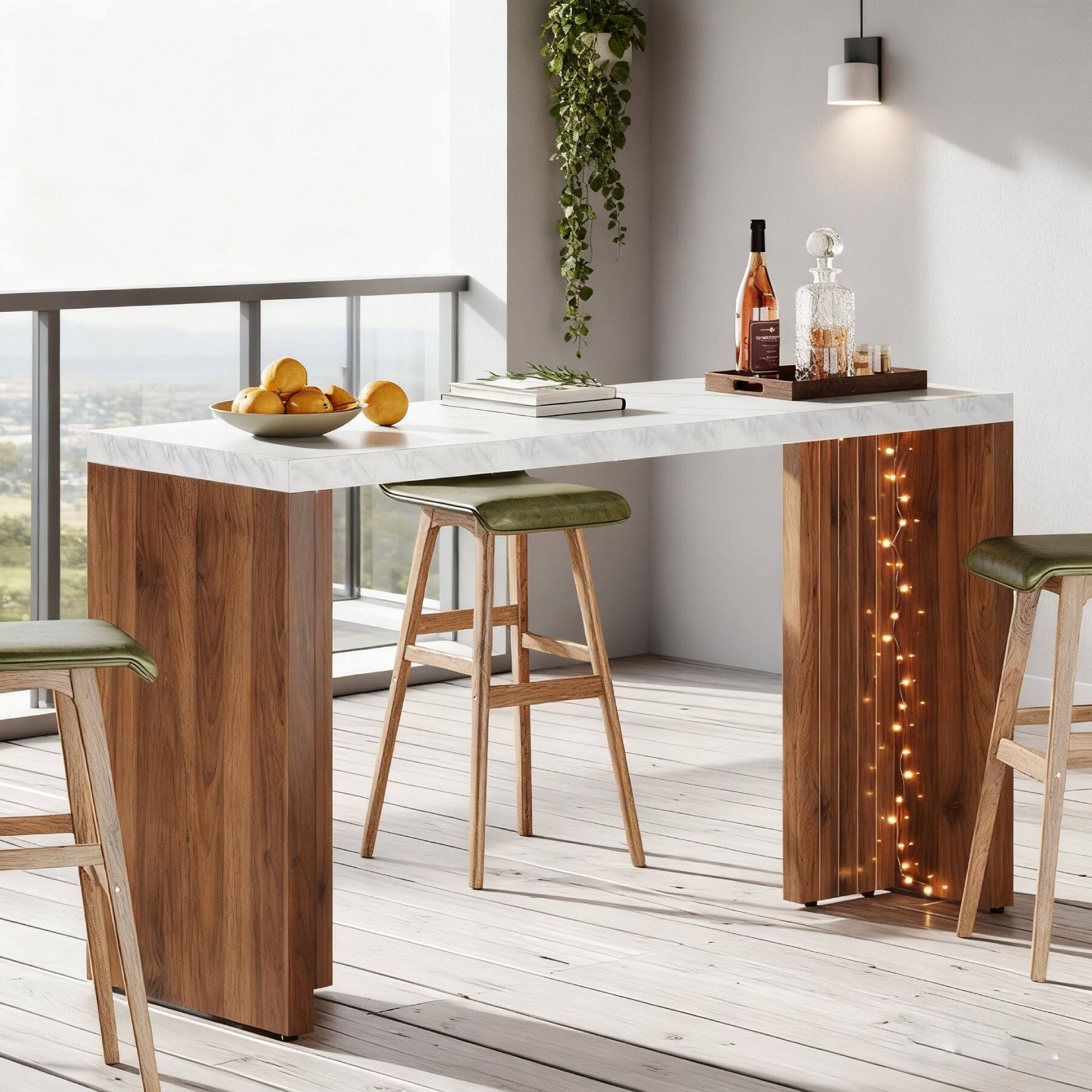 Back. Tribesigns - Bar Table with Wood Construction and Faux Marble Top for Dining Room, Kitchen and Living Room - Brown.