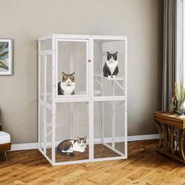 Pefilos - 64" Cat House Outdoor Catio Cat Enclosures Wooden Kitty House with Platforms, Waterproof Roof, Hammock