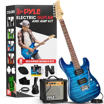 COLORS PYLE ELECTRIC GUITAR AND AMP KIT E ane TUNER APP P 8 BEGINNER BUNDLE KIT PCS d Extra LAUSEL String Set N PYLE + + + . - 4 . d 4
