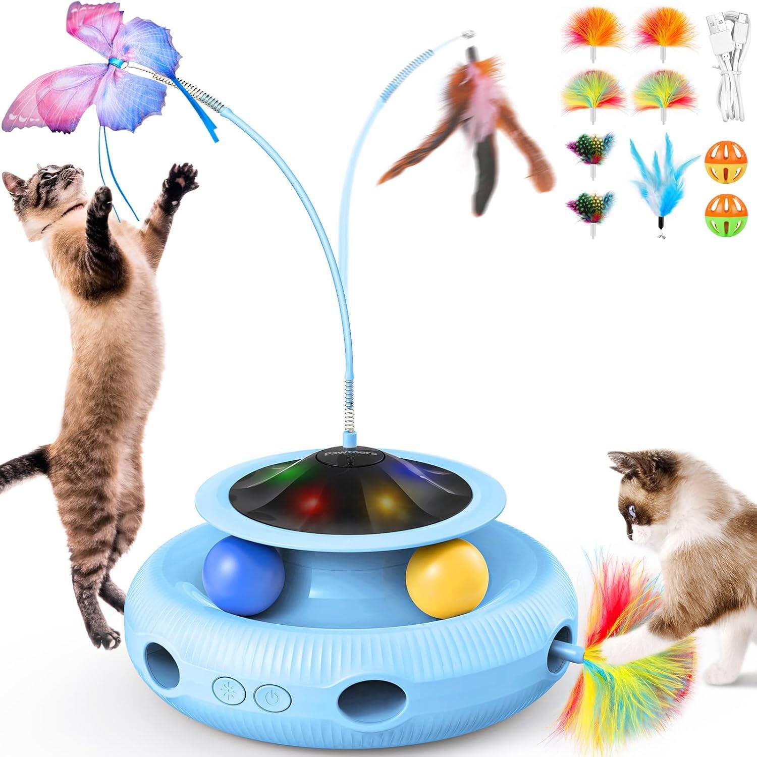 Front. Pawtners - Interactive Cat Toy 4-in-1 Automatic Self-Play Kitten Toy with 360° Rotating Butterfly, Track Balls, Feather Wand, Bell - Blue.