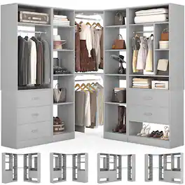 Aheaplus - L-Shaped Closet System: 5-Drawer + 15+ Shelves + 4 Hanging Rods, Fits 63''-87'' Spaces, 2500lb Industrial-Grade Capacity - Gray