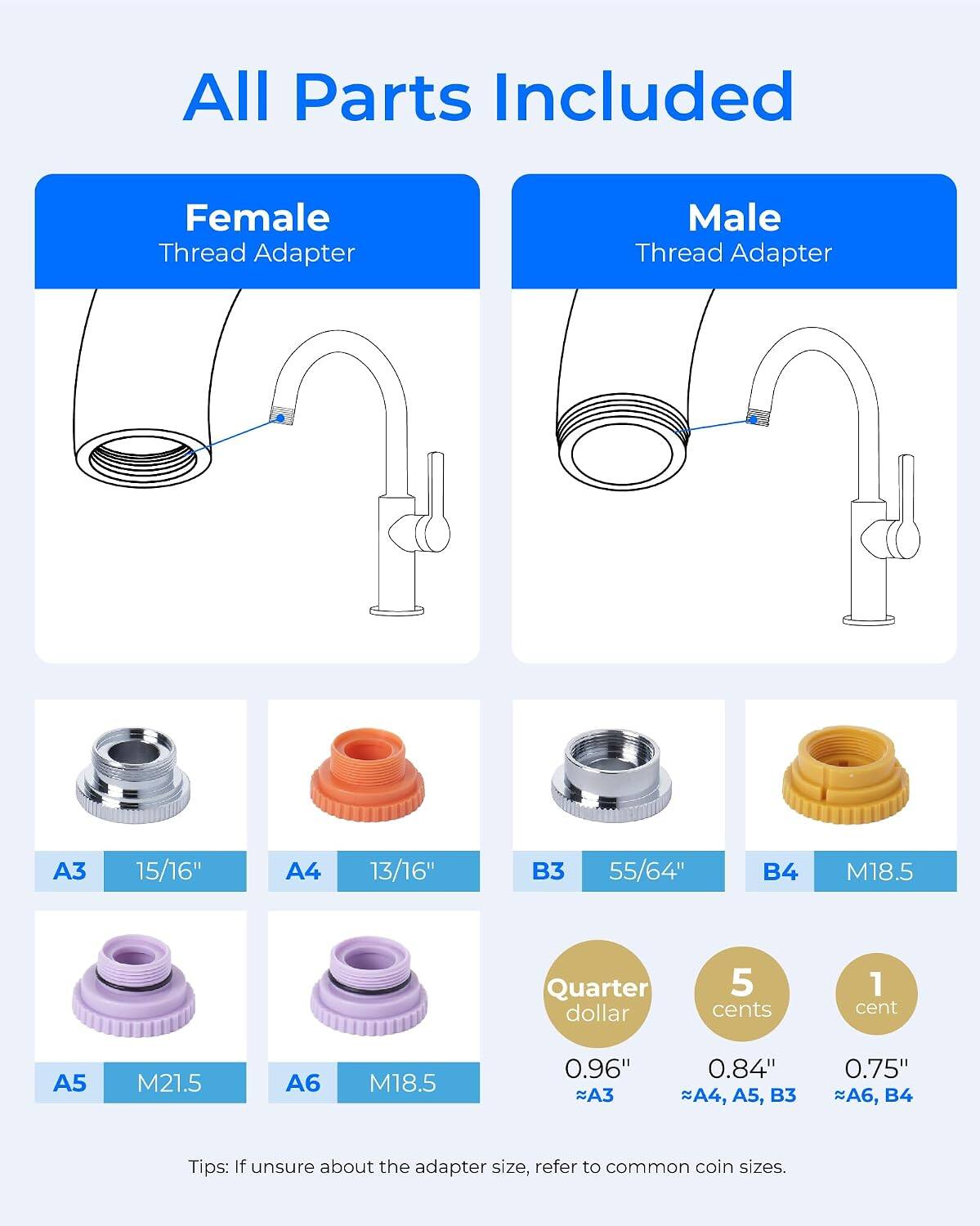 All Parts Included

Female Thread Adapter
Male Thread Adapter

A3 15/16"
A4 13/16"
B3 55/64"
B4 M18.5

Quarter dollar
5 cents
1 cent

A5 M21.5
A6 M18.5

0.96" ~A3
0.84" ~A4, A5, B3
0.75" ~A6, B4

Tips: If unsure about the adapter size, refer to common coin sizes.