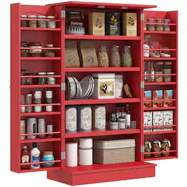 Homcom - 41" Kitchen Pantry Storage Cabinet, Freestanding Kitchen Cabinet with 12 Door Shelves, Double Doors, 5-tier Shelving - Red