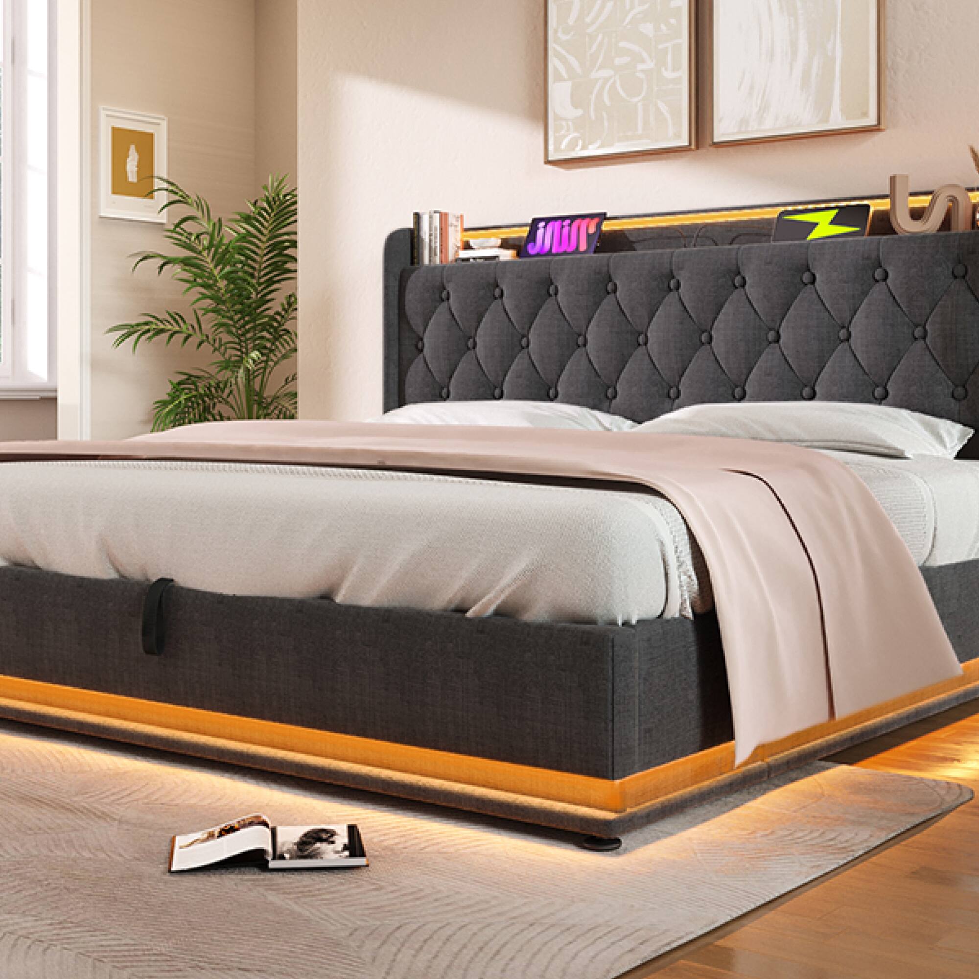 Alt View 7. GOODSILO - Full Size Upholstered Bed with LED Lighting, Hydraulic Storage, and USB Charging - Gray.