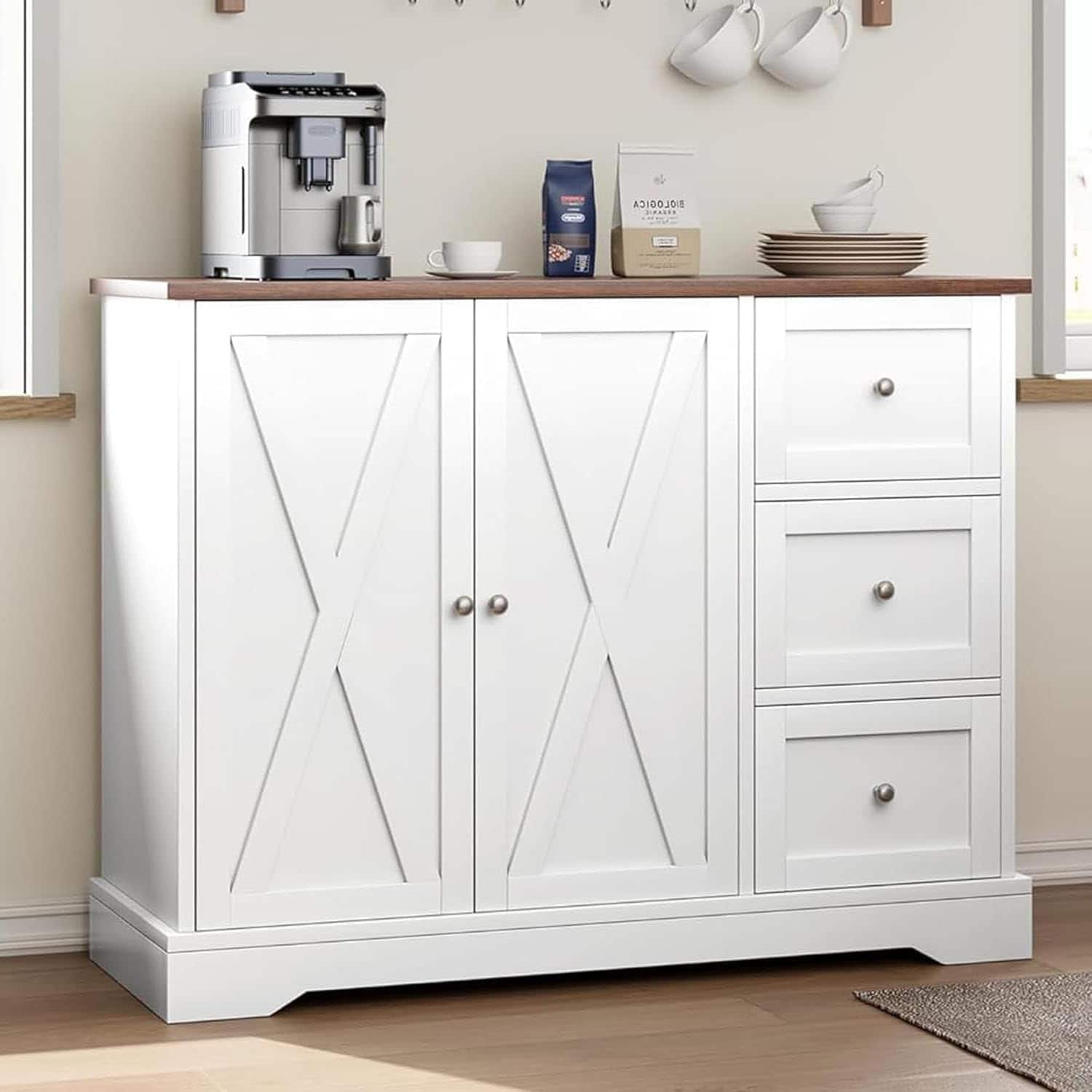 Acekool - Kitchen Storage Cabinet Buffet Cabinet with Doors Drawers and Adjustable Shelves for Dining Room, Bathroom, Entryway - White