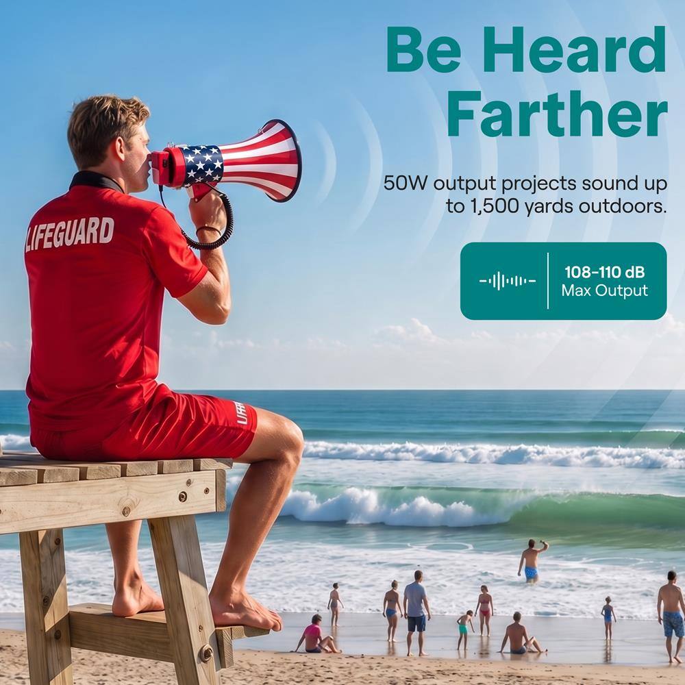 Be Heard Farther

LIFEGUARD

50W output projects sound up to 1,500 yards outdoors. 108-110 dB Max Output