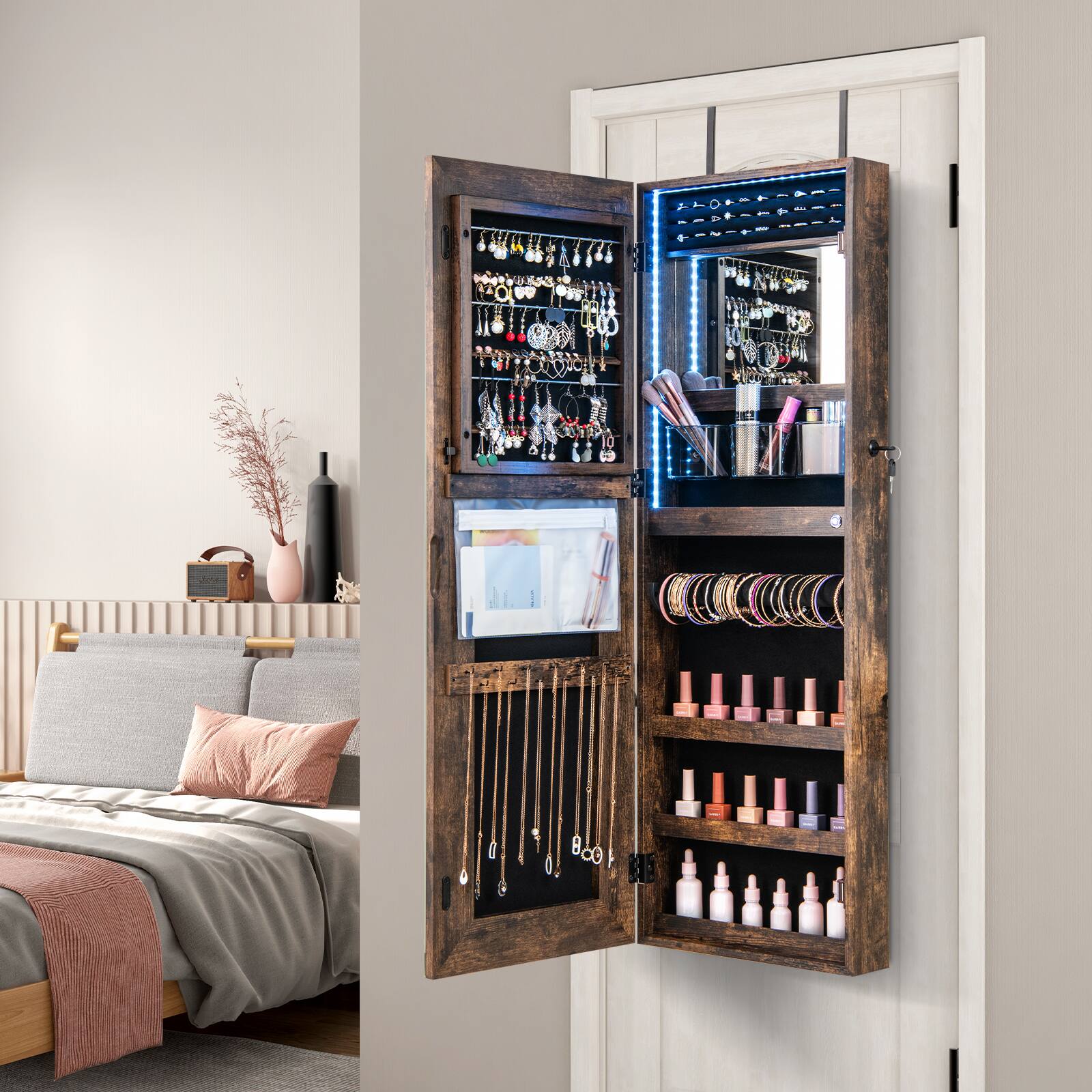 Alt View 1. Ecooso - 42.5" Lockable Wall Jewelry Mirror Cabinet with LED Lights and Storage Organizer.