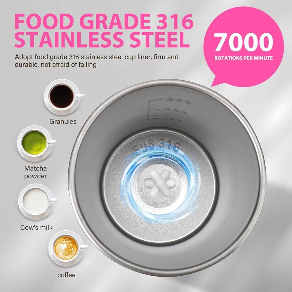 FOOD GRADE 316 STAINLESS STEEL  
Adopt food grade 316 stainless steel cup liner, firm and durable, not afraid of falling  

Granules  
Matcha powder  
Cow's milk  
coffee  

7000 ROTATIONS PER MINUTE