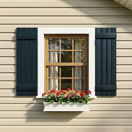 Front. Kadyn - Classic Board & Batten Faux Shutters with 2 Horizontal Bars for Timeless and Durable Exterior Elegance, 14"x25", Blue - Blue.