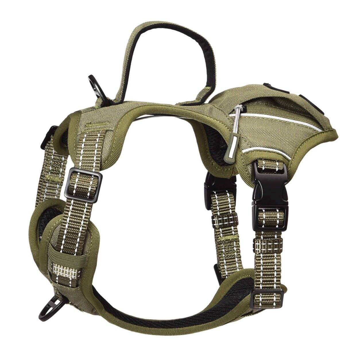 Front. PET MARVEL - PET MARVEL High-Perfomance Tactical Dog Harness with Poop Bag Holder, No Pull Front Clip & Metal Buckles, Army Green M - Army Green.