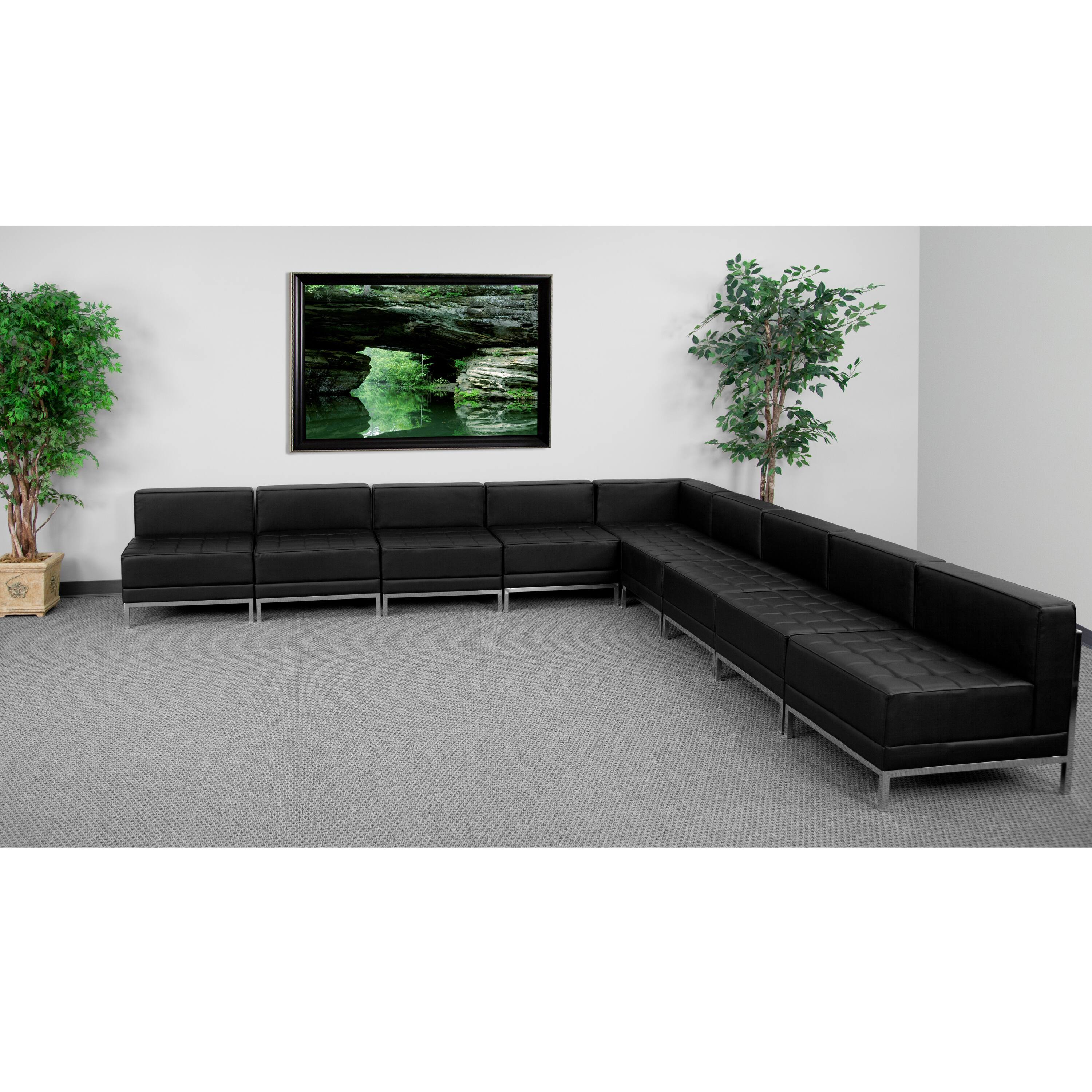 Angle. Flash Furniture - HERCULES Imagination 9-Piece Reception Guest Chair Sectional with Ganging Clips, Model ZB-IMAG-SECT-SET7 - Black.
