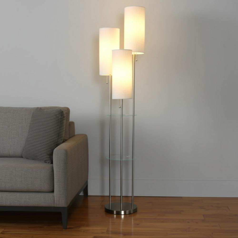 Angle. Hivvago - Hivvago 68 Inch Silver Three Light Novelty Floor Lamp With White Linen Cylinder Shade - Silver.