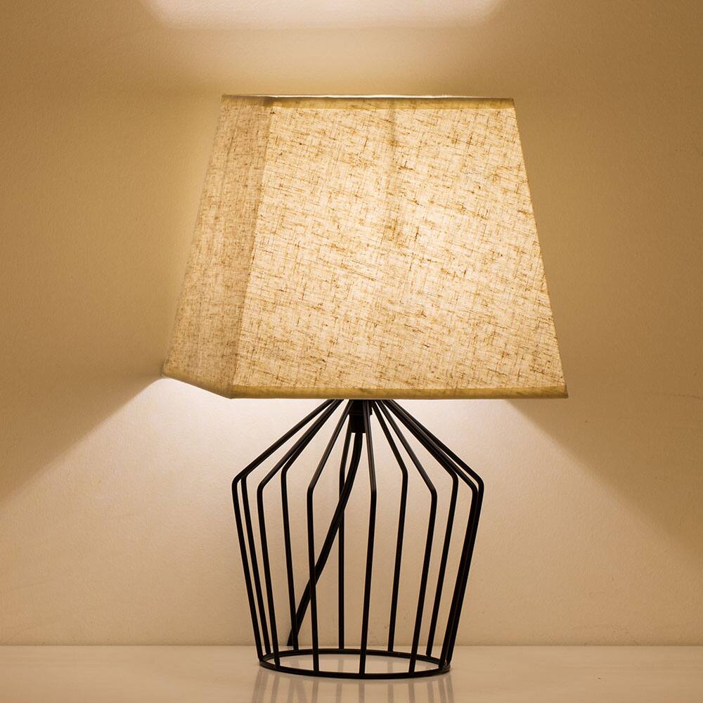 Oumilen - Black Wire Cage Table Lamp with Trapezoidal Fabric Shade, E26 Socket & 67In Cord