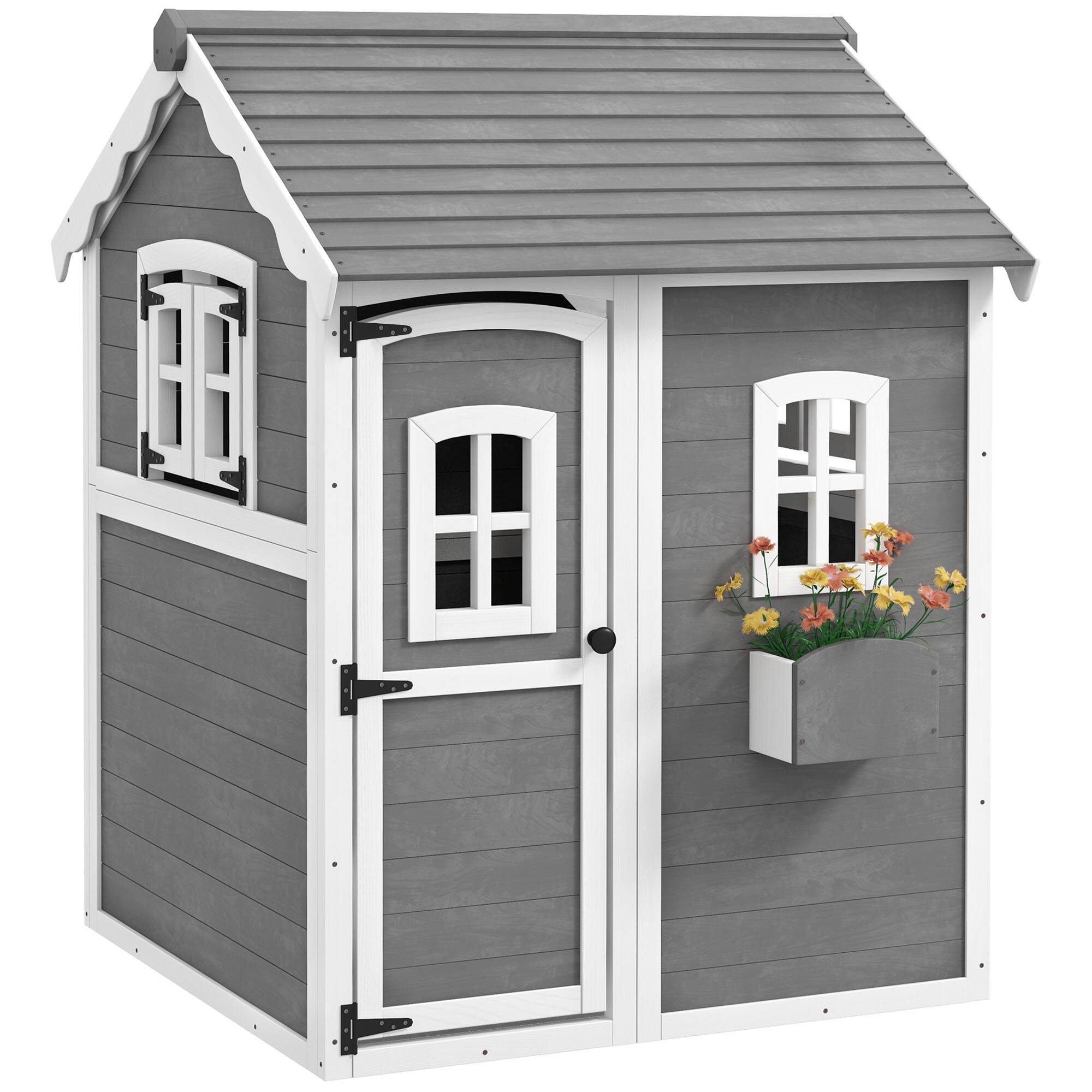Outsunny - Playhouse for Kids, Outdoor Wooden with Floor, Door, Windows & Planter Box, 3-8 Year Olds, Backyard, Garden